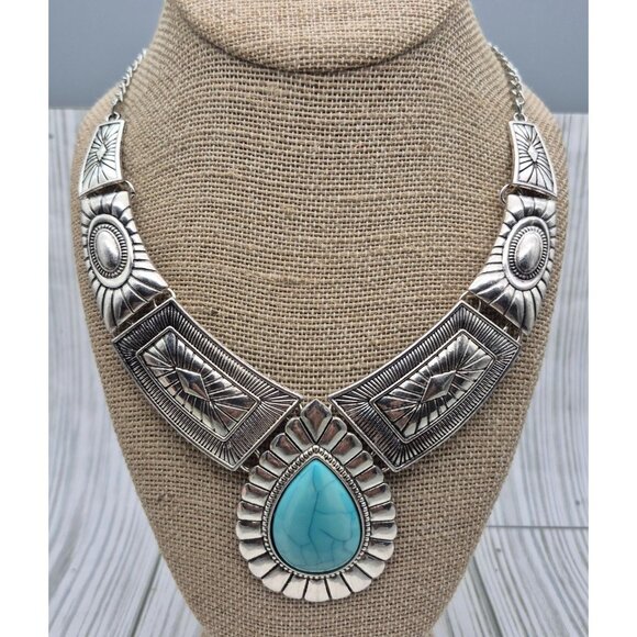 NWOT Silver Tone & Faux Turquoise Teardrop Bib Collar Necklace Southwestern 22" - Picture 6 of 10